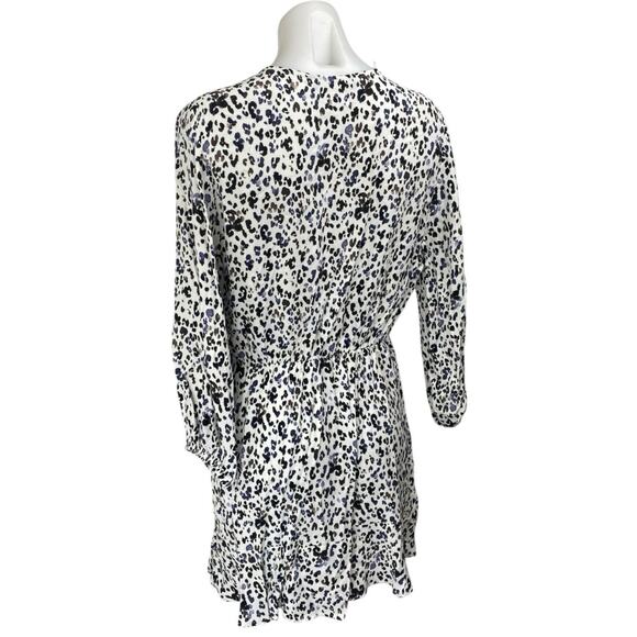 Zara White Black Leopard Long Sleeve V Neck Pleated Faux Wrap Aline Mini Dress L - Picture 3 of 5